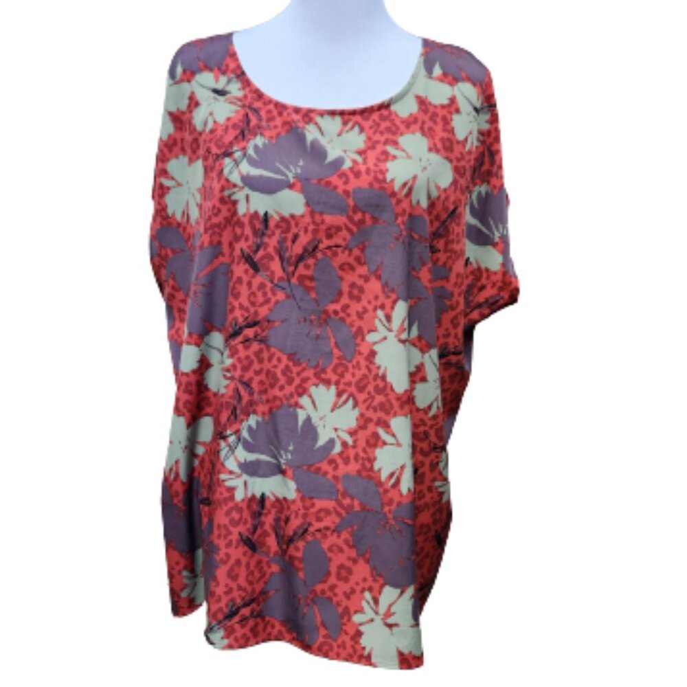 EVRI Plus Rust Orange Floral Print Blouse Multicolor Mixed Media Button Detail